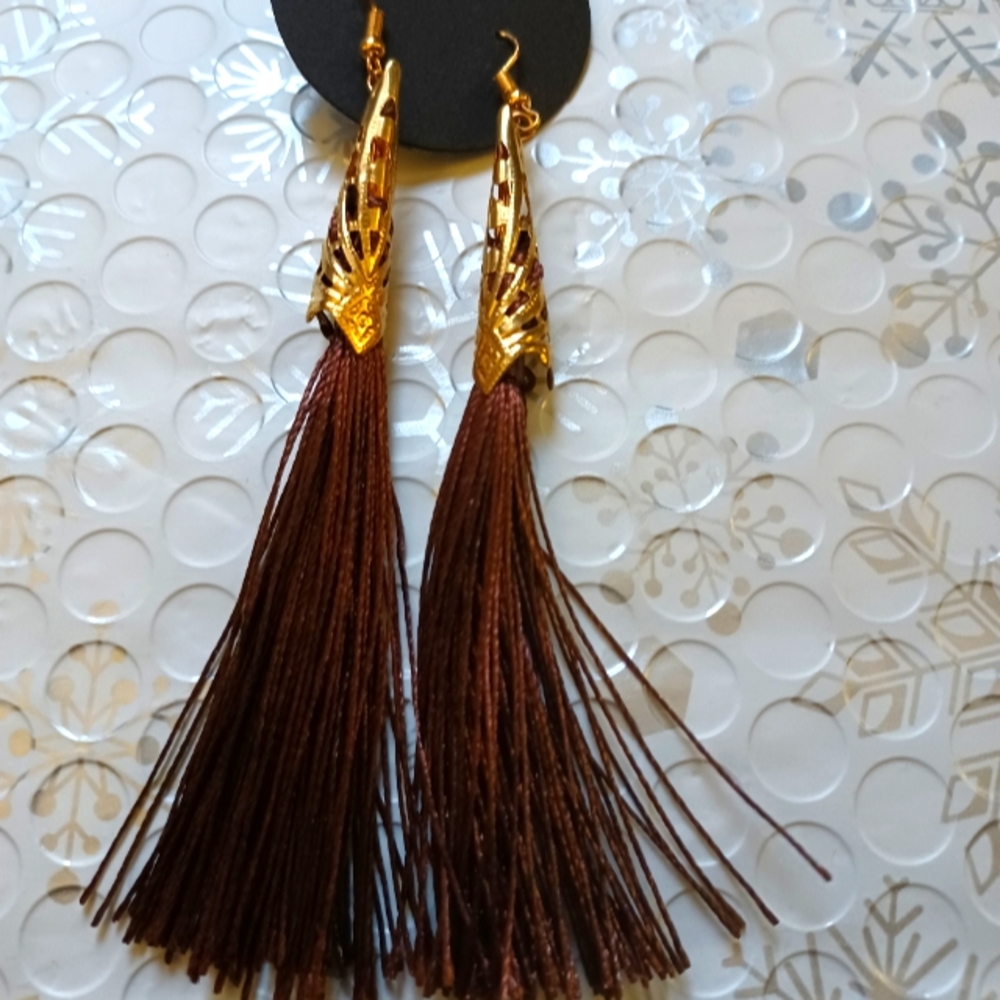 Brown long tassel earrings